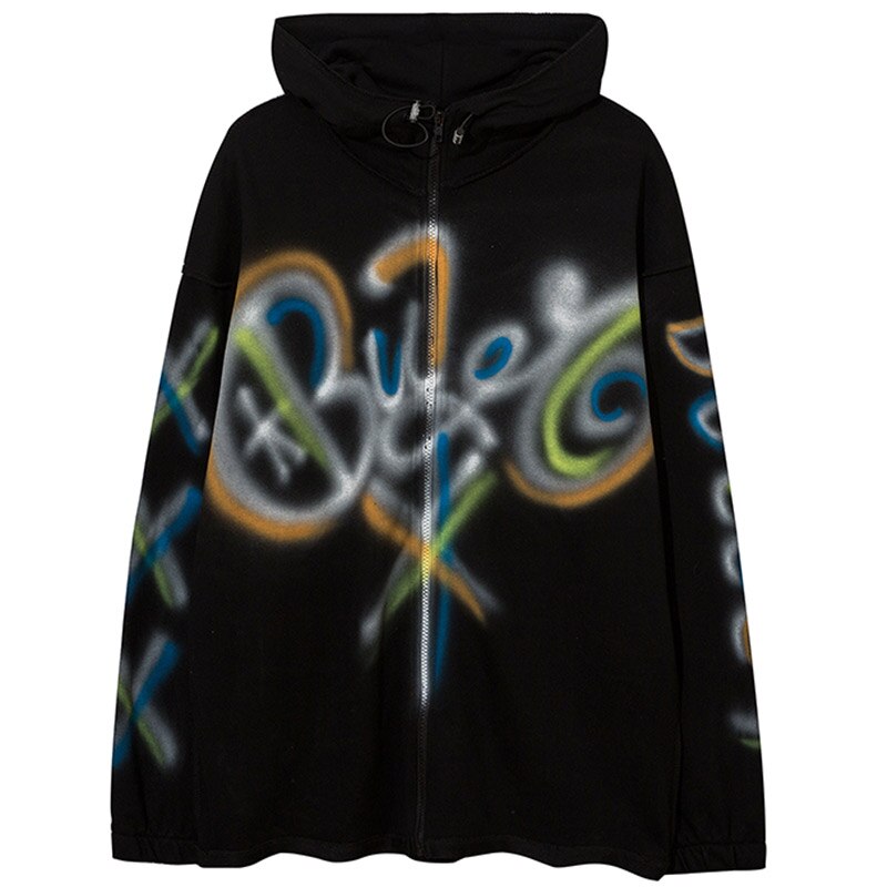 Hoodies Men Colorful Graffiti Letter Hooded Pullovers College Style Loose Zipper Coats Hipster Casual Couple Streetwear-2
