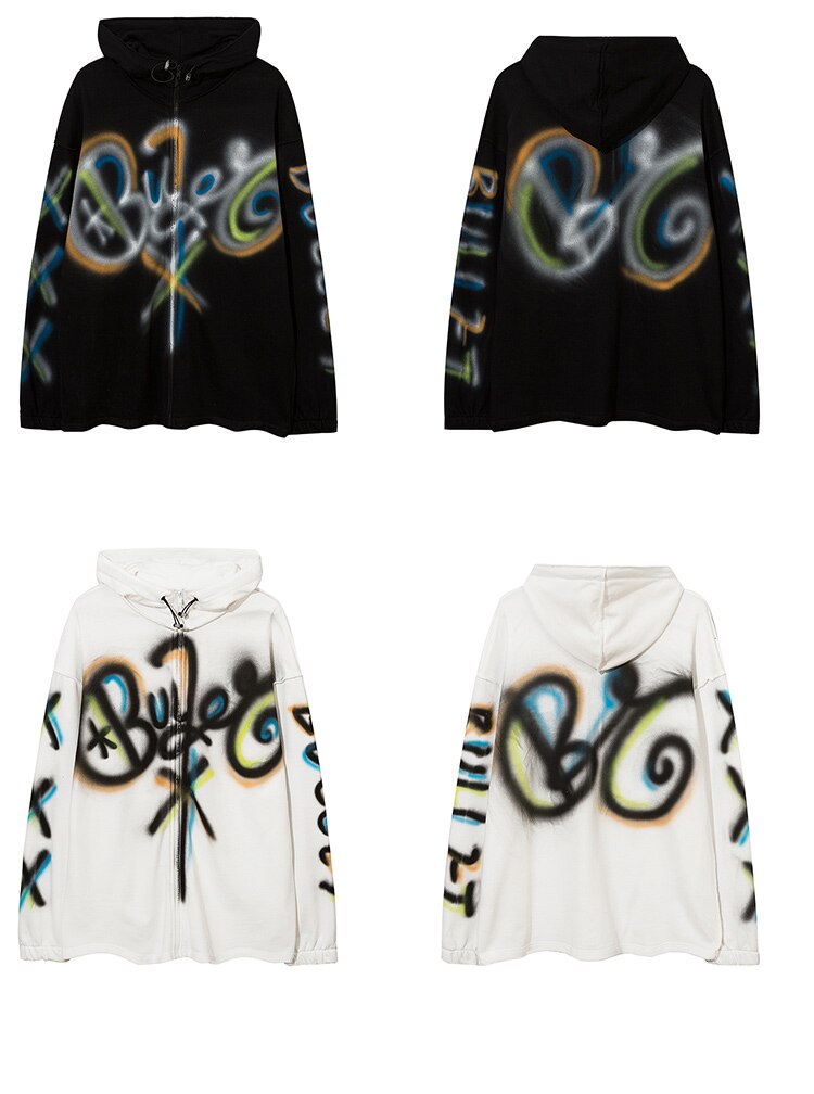 Hoodies Men Colorful Graffiti Letter Hooded Pullovers College Style Loose Zipper Coats Hipster Casual Couple Streetwear-4